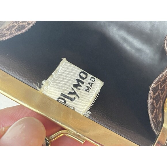 VTG Italian Suede Leather Coin Purse Kiss Lock Gold Hardware Brown Geometric - Picture 10 of 11